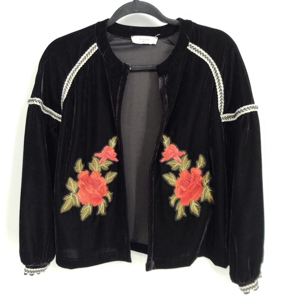 Elodie Velvet Roses Embroidered Jacket Open Front Peasant 3/4 Sleeves Size S - Picture 10 of 15